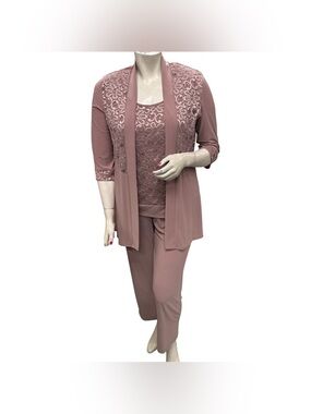 R&M Richards Dusty Rose Lace-Trim Three-Piece Pant Set Size L